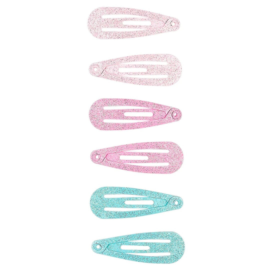 Souza for Kids set van zes glitterige metalen haarspeldjes voor kinderen, twee lichtroze, twee donkerroze en twee lichtblauwe.