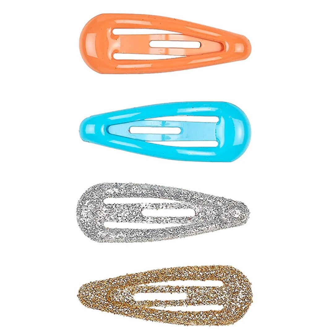 Vier Souza for Kids haarspeldjes voor kinderen in oranje, blauw, zilver glitter en goud glitter.