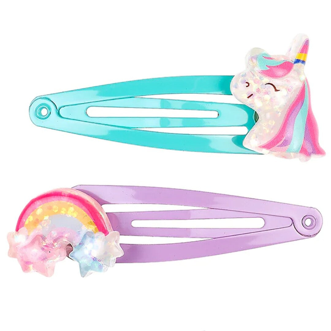 Souza for Kids kinder haarspeldjes, twee stuks, met een turquoise eenhoorn en een paarse regenboog.