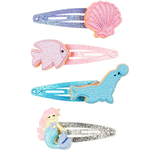 Souza for Kids set van vier glitter haarspeldjes voor kinderen met een zeemeermin, schelp, vis en zeehond.