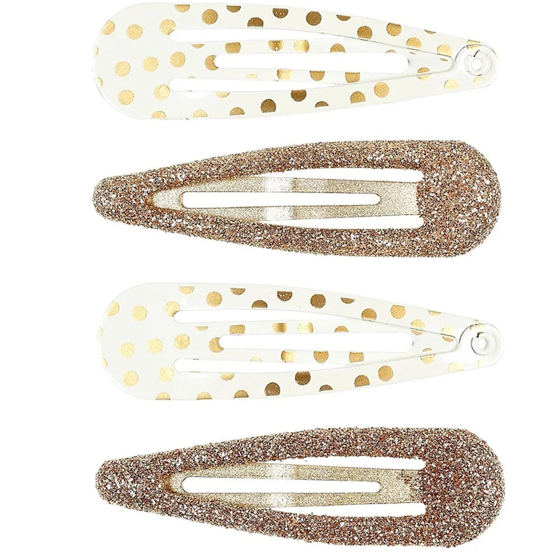 Vier Souza for Kids haarspeldjes, waarvan twee wit met gouden stippen en twee goudkleurig met glitter.