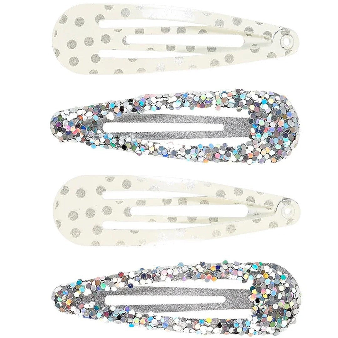 Souza for kids haarspeldjes set van vier, met twee zilveren glitter haarclips en twee witte haarclips met zilveren stippen.