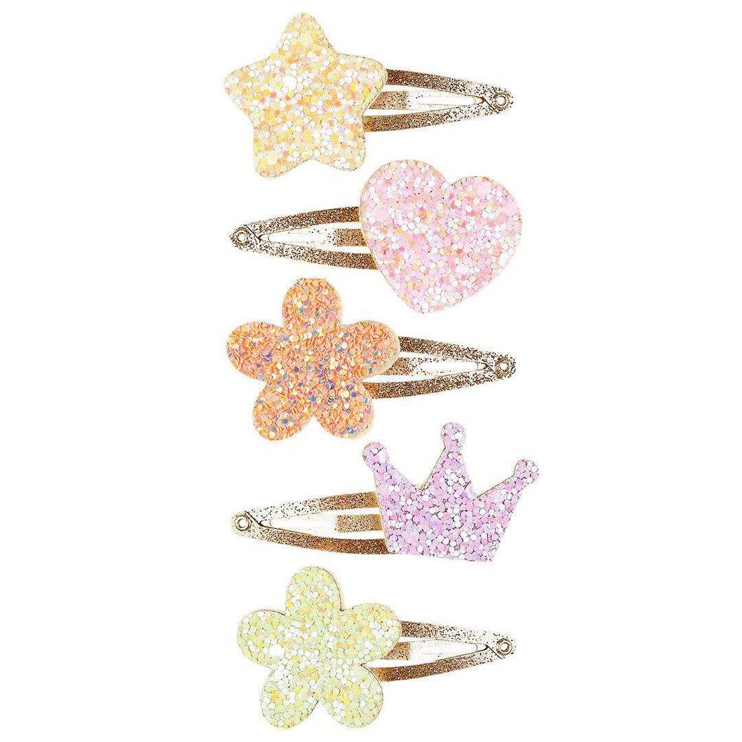 Souza for kids haarspeldjes: vijf glitter haarspeldjes in de vorm van een ster, hart, bloemen en een kroon in verschillende kleuren.