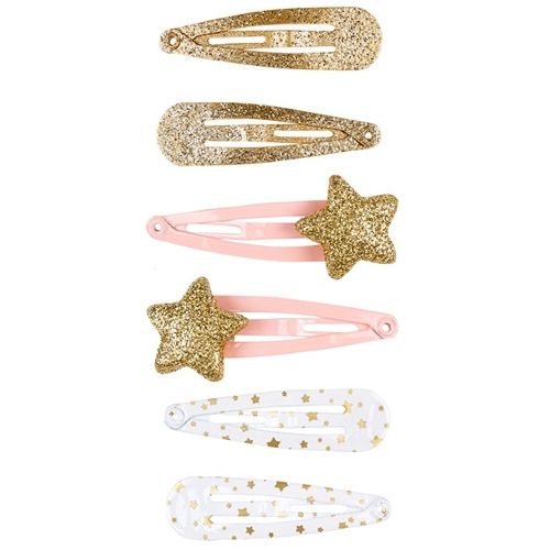 Souza for kids haarspeldjes set met zes haarclips: twee goudkleurig met glitter, twee roze met gouden glittersterren en twee wit met gouden sterren.