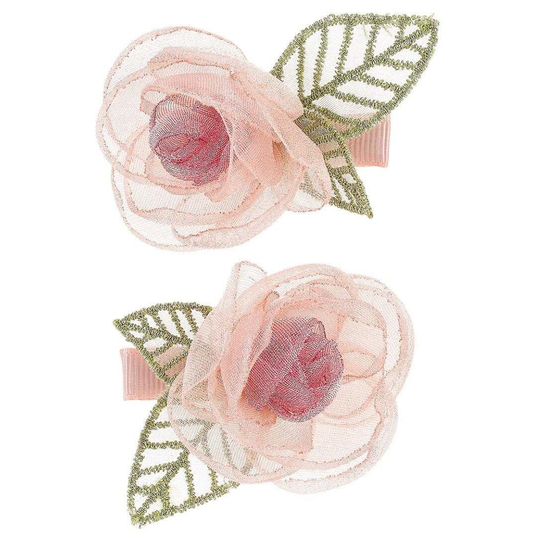 Souza for kids haarspeldjes met roze stoffen rozen en groene bladeren.