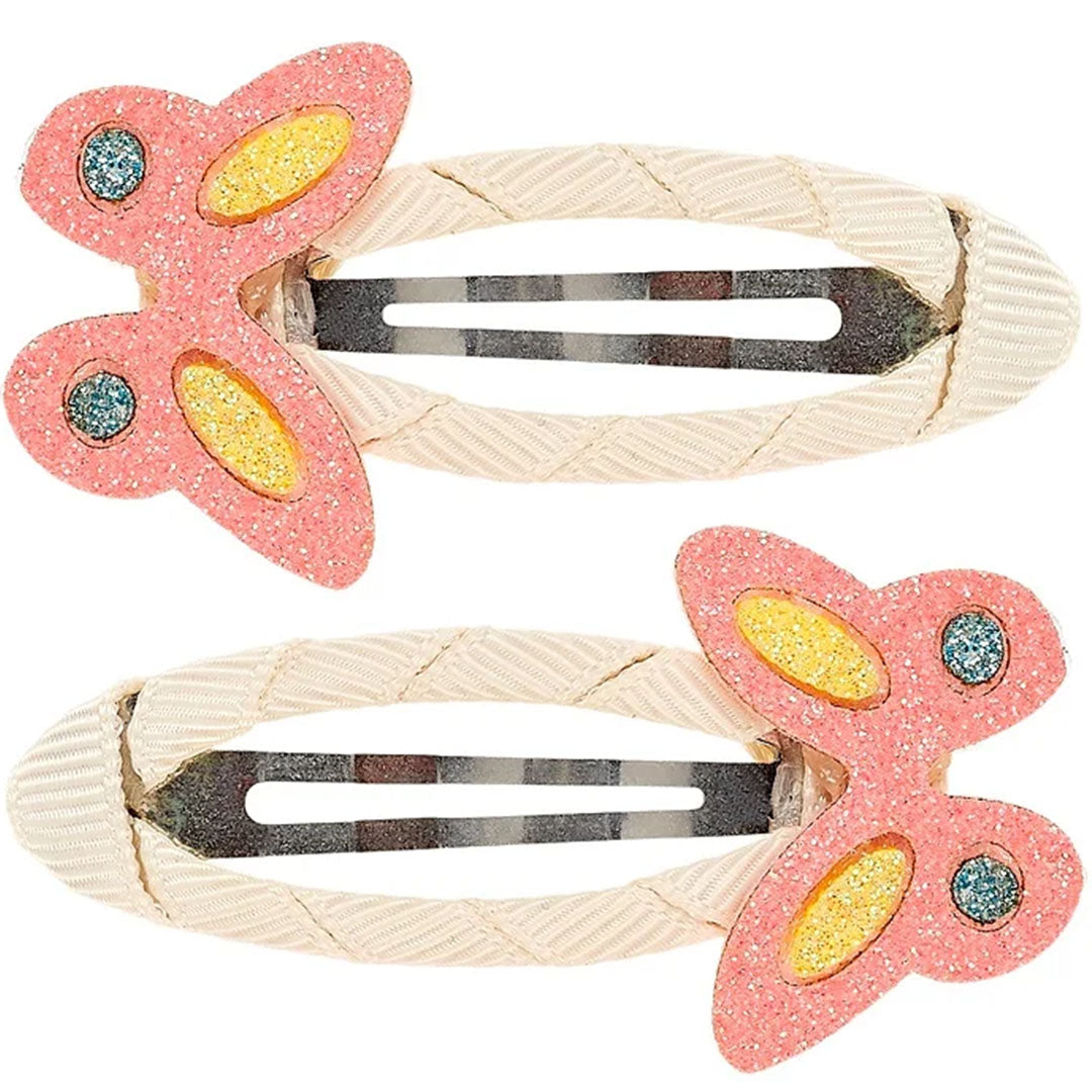 Souza for kids haarspeldjes met twee roze glitter vlinders op beige stoffen clips.