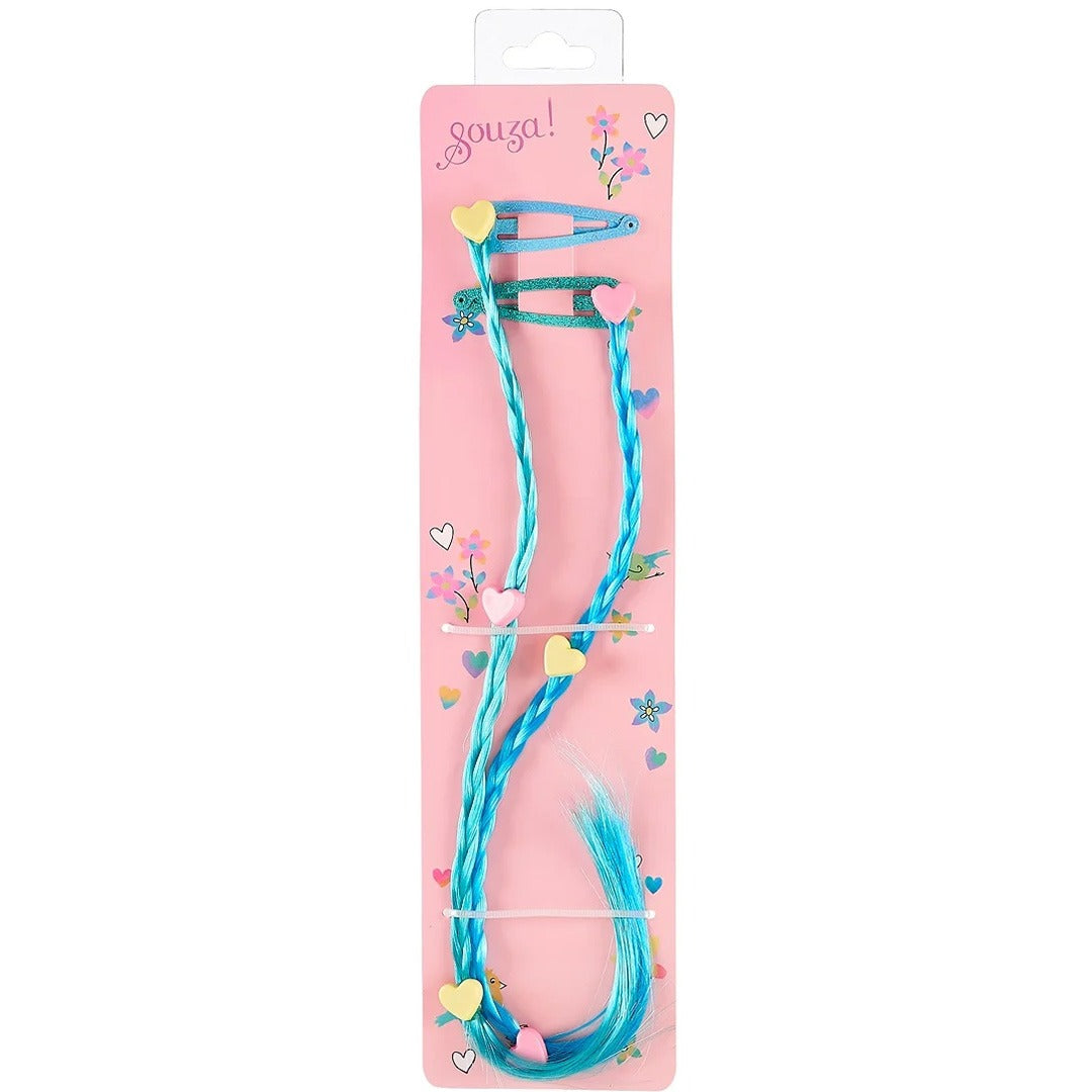 Souza for Kids verpakking met twee blauwe haarextensies met hartjes en twee haarspeldjes.