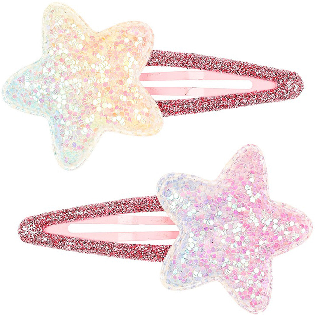 Twee souza for kids haarspeldjes voor kinderen met veelkleurige glittersterren en roze glitterclips.
