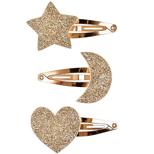 Souza for Kids haarspeldjes in de vorm van een gouden glitter ster, maan en hart.