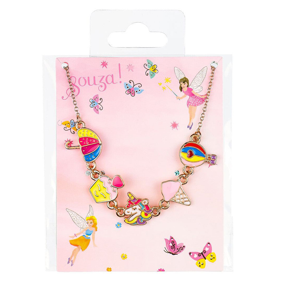 Souza for Kids kinderhalsketting met eenhoorn en andere kleurrijke hangers, in de verpakking.
