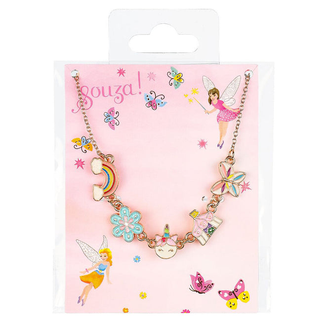 Souza for Kids kinderhalsketting met regenboog-, eenhoorn-, bloem-, vlinder- en cupcakebedels, in verpakking.