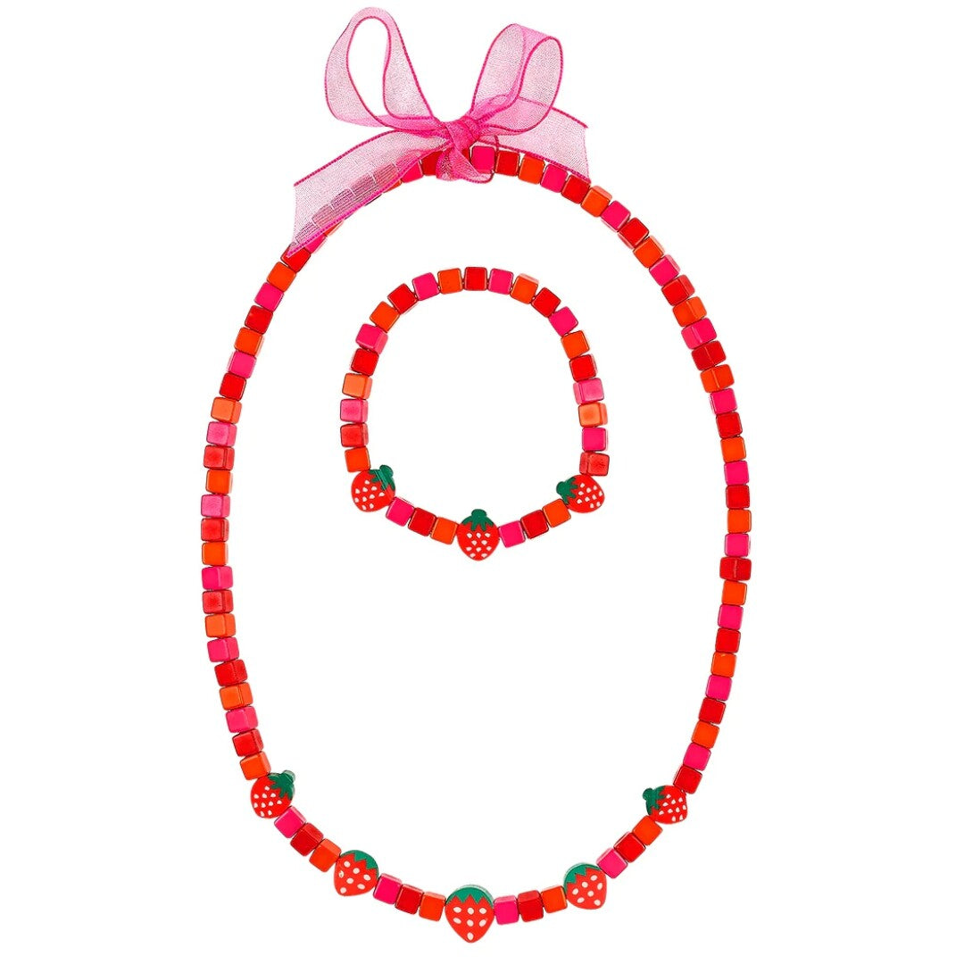 Souza for kids kinder sieradenset met ketting en armband van rode en roze kralen en aardbeien.