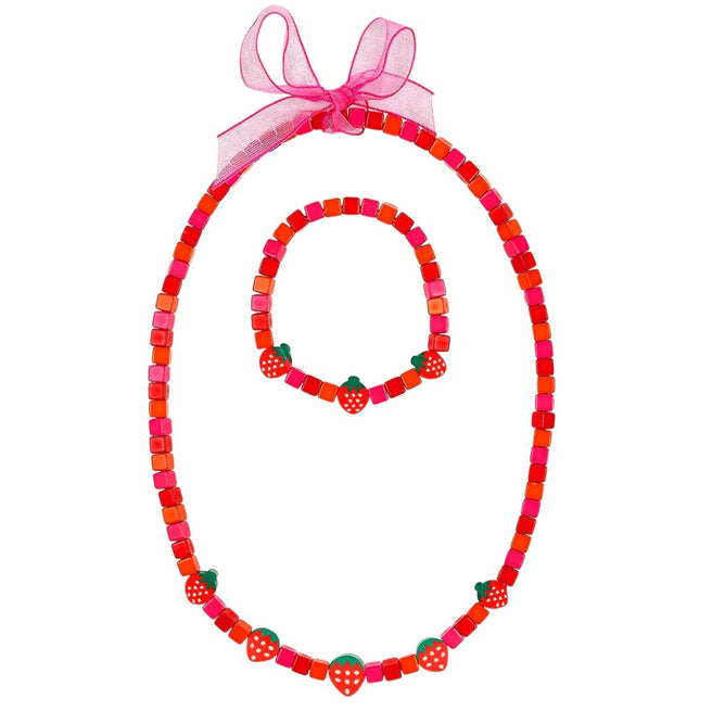 Souza for kids kinder sieradenset met ketting en armband van rode en roze kralen en aardbeien.