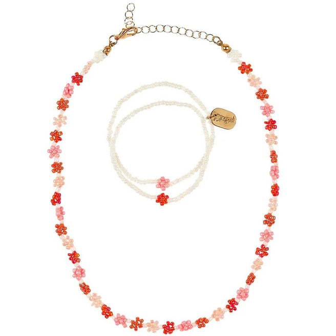 Souza for Kids kinder sieradenset met een ketting en armband van roze en rode bloemenkralen.