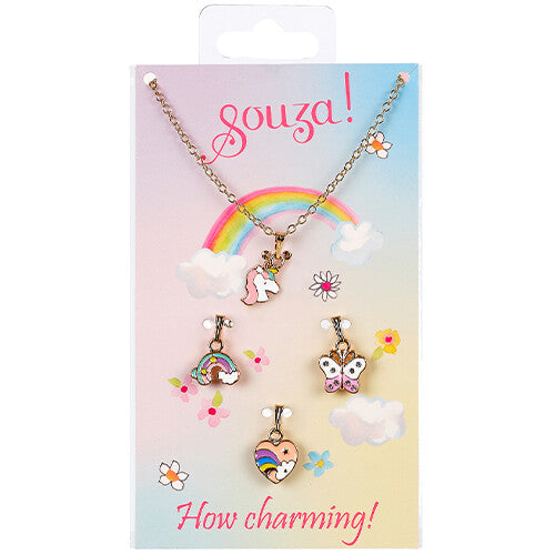 Souza for kids kinderketting met eenhoorn, regenboog, vlinder en hart bedeltjes op de verpakking.