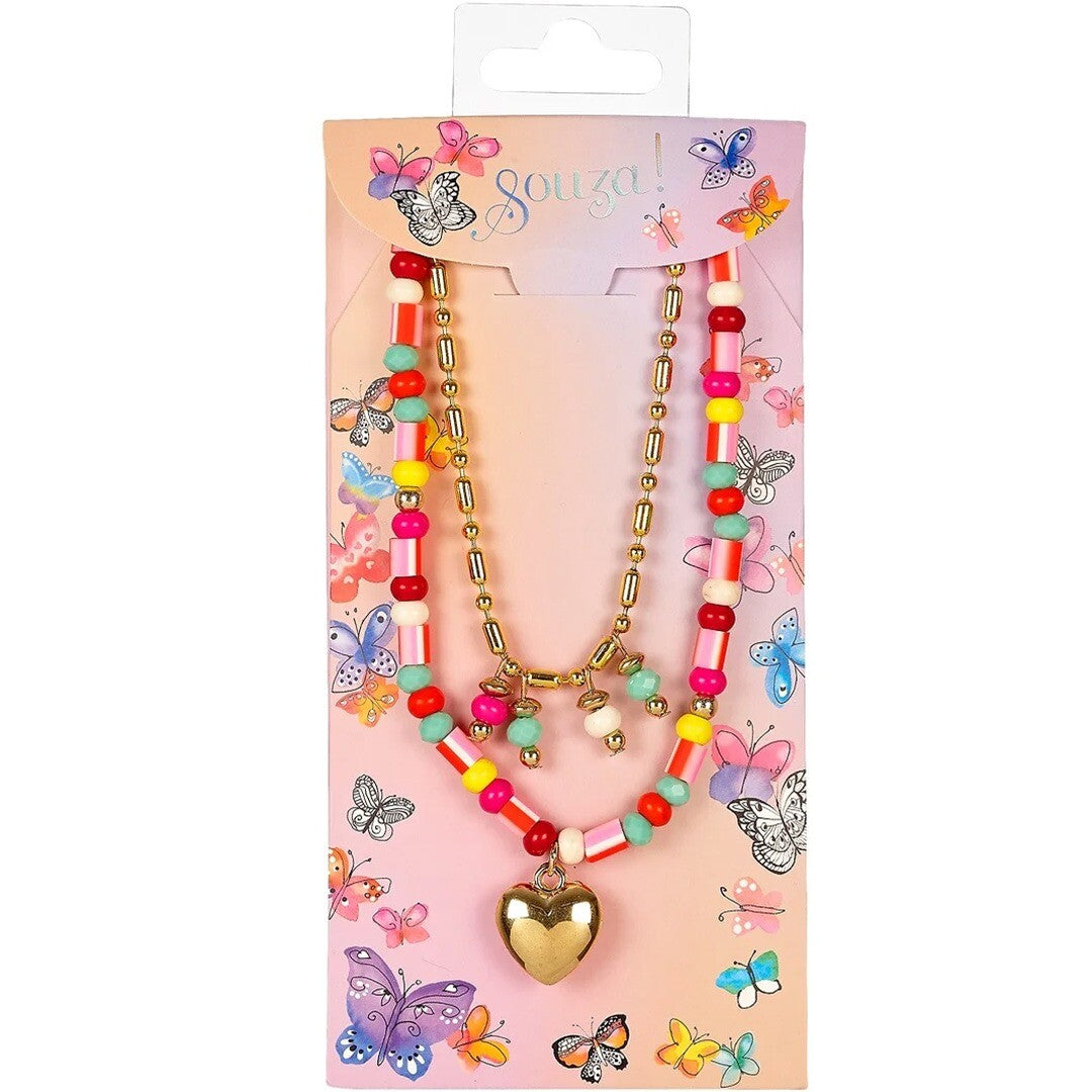 Souza for kids kinderketting met kleurrijke kralen en hartje, gepresenteerd op een roze verpakking met vlinders.