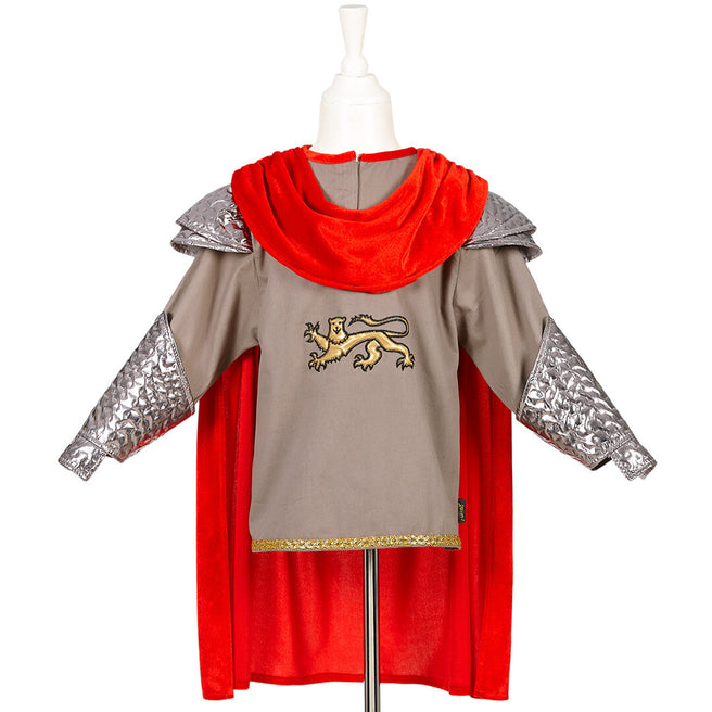 Souza for Kids kinderkostuum Koning Arthur op een paspop, met grijze tuniek, zilveren mouwen en rode cape.