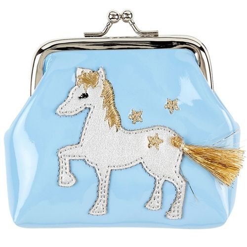 Souza for kids kinderportemonnee van lichtblauw kunstleer met een wit paard en gouden sterren.