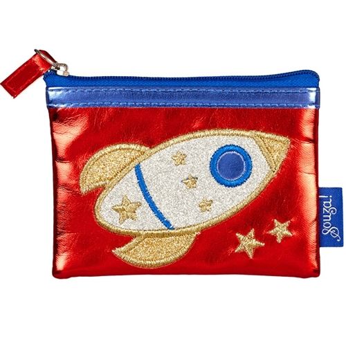 Souza for Kids rode kinderportemonnee met een zilveren raket en gouden sterren.