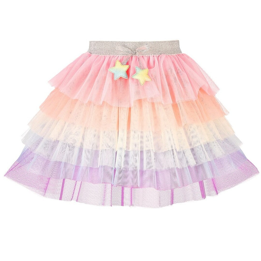 Souza for Kids kinderrok met regenboogkleurige tule lagen, zilveren tailleband en twee sterrenhangers.