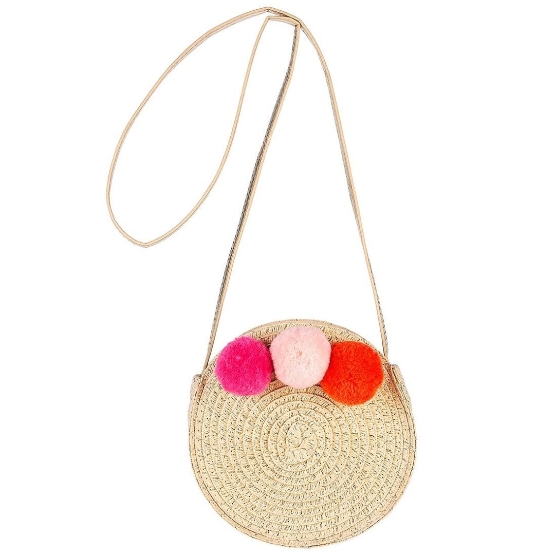 Souza for kids ronde beige geweven kinderschoudertas met drie gekleurde pompons.