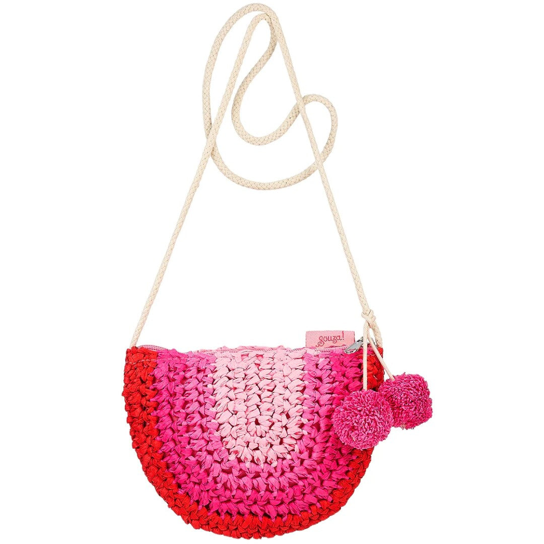 Souza for kids roze halvemaantas voor kinderen met geweven textuur, touwschouderband en twee roze pompons.