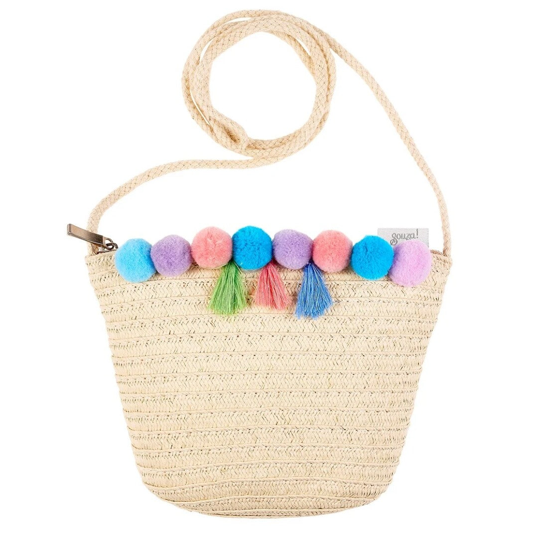 Souza for kids beige geweven kinderschoudertas met kleurrijke pompons en kwastjes.