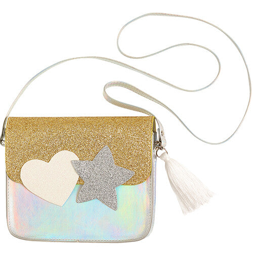Souza for Kids kindertas Noelle met gouden glitterklep, iriserende onderkant, een wit hart, zilveren ster en wit kwastje.