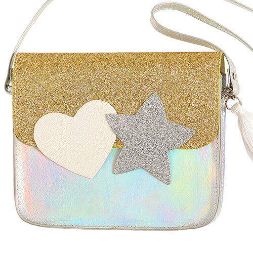 Souza for Kids kindertas Noelle met gouden glitterklep, iriserende onderkant, een wit hart, zilveren ster en wit kwastje.