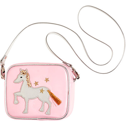 Souza for kids roze kinderschoudertas met een wit paard, gouden sterren en een zilveren schouderband.