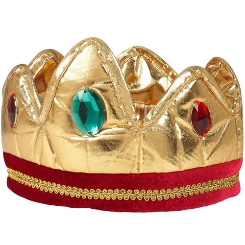 Souza for kids gouden kinderkroon met rode fluwelen rand en gekleurde edelstenen.