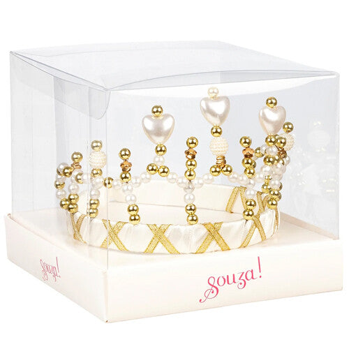 Souza for Kids kroon Josephine, een witte en gouden kinder kroon met parels en hartjes, in de doorzichtige productverpakking.