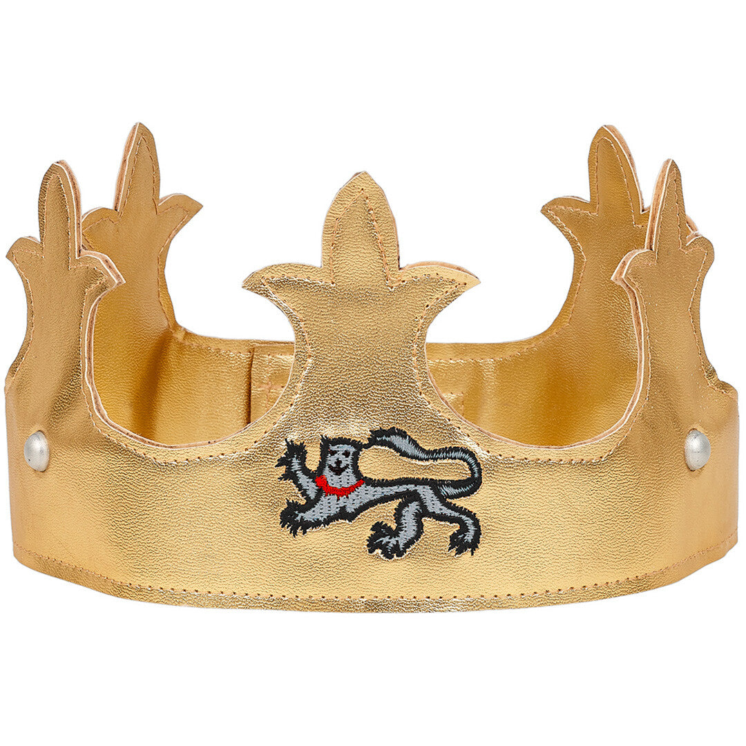 Souza for kids gouden kinderkroon met een geborduurde leeuw, passend bij het thema Koning Arthur.