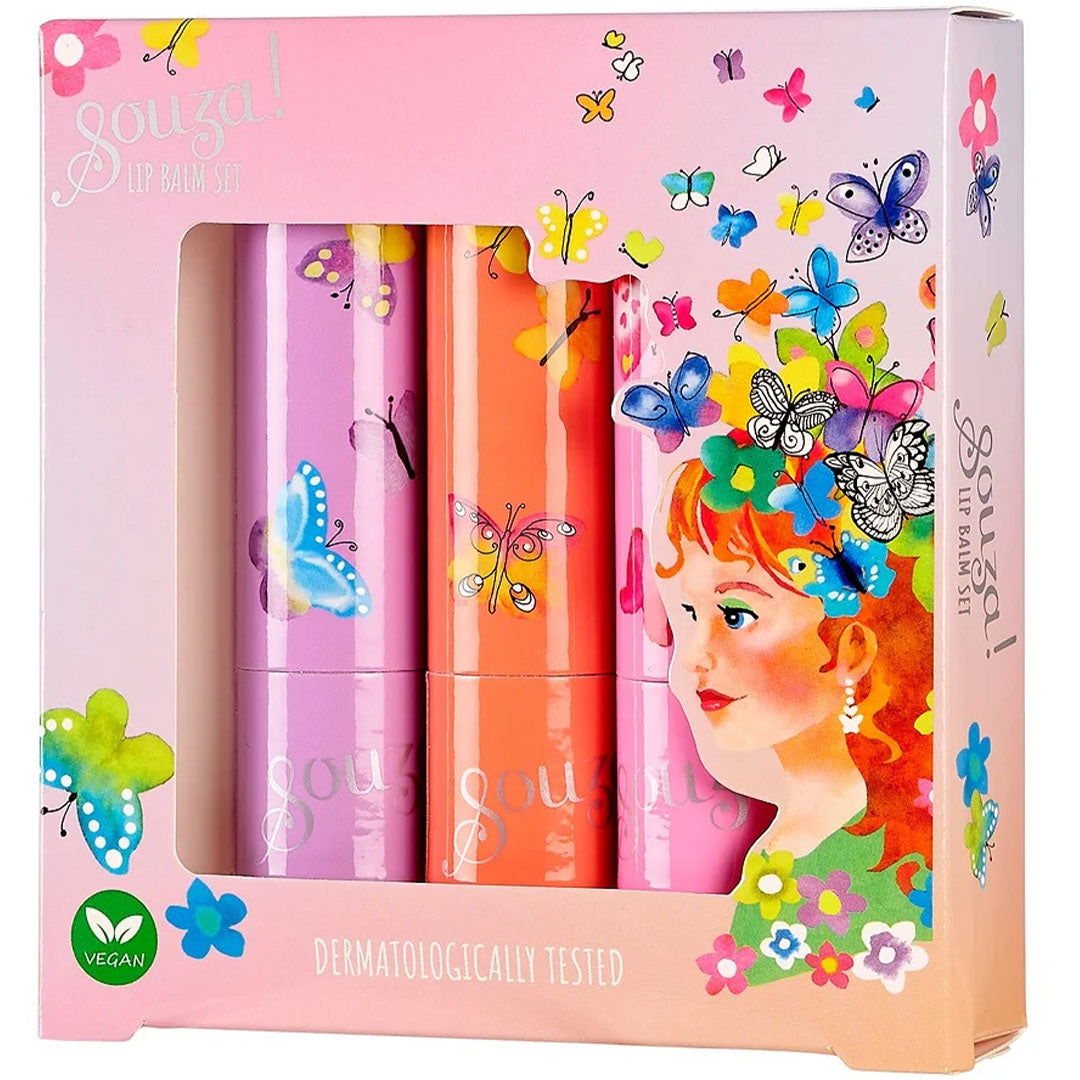 De verpakking van de Souza for Kids lippenbalsem set met vlinders en een meisje.