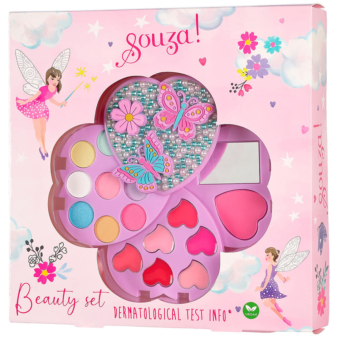Souza for kids make-up doosje hart - vlinders verpakking met een zichtbaar make-up setje en feeënillustraties.
