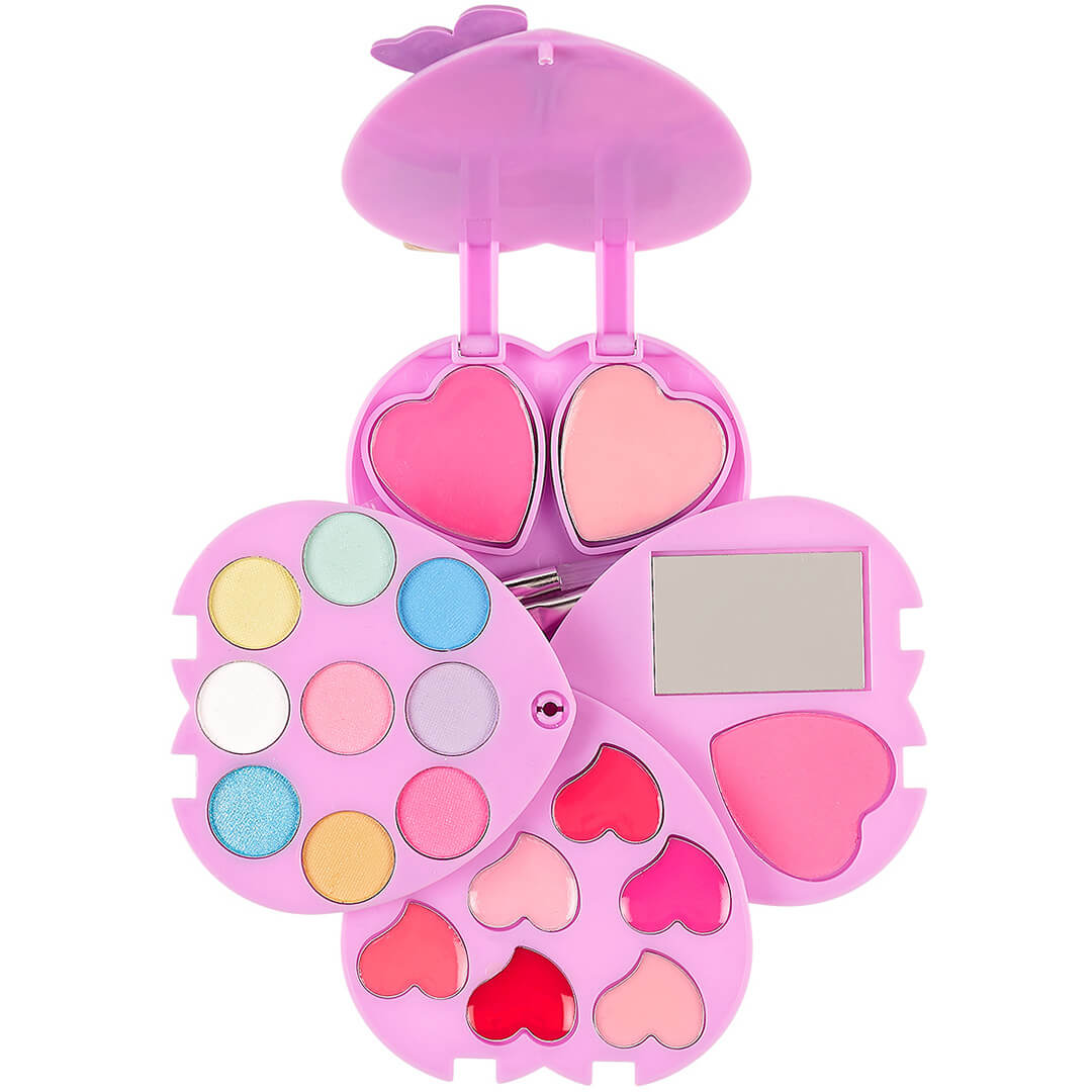 Souza for kids open make-up doosje in de vorm van een hart met uitklapbare lagen vol oogschaduw, blush en lipgloss.