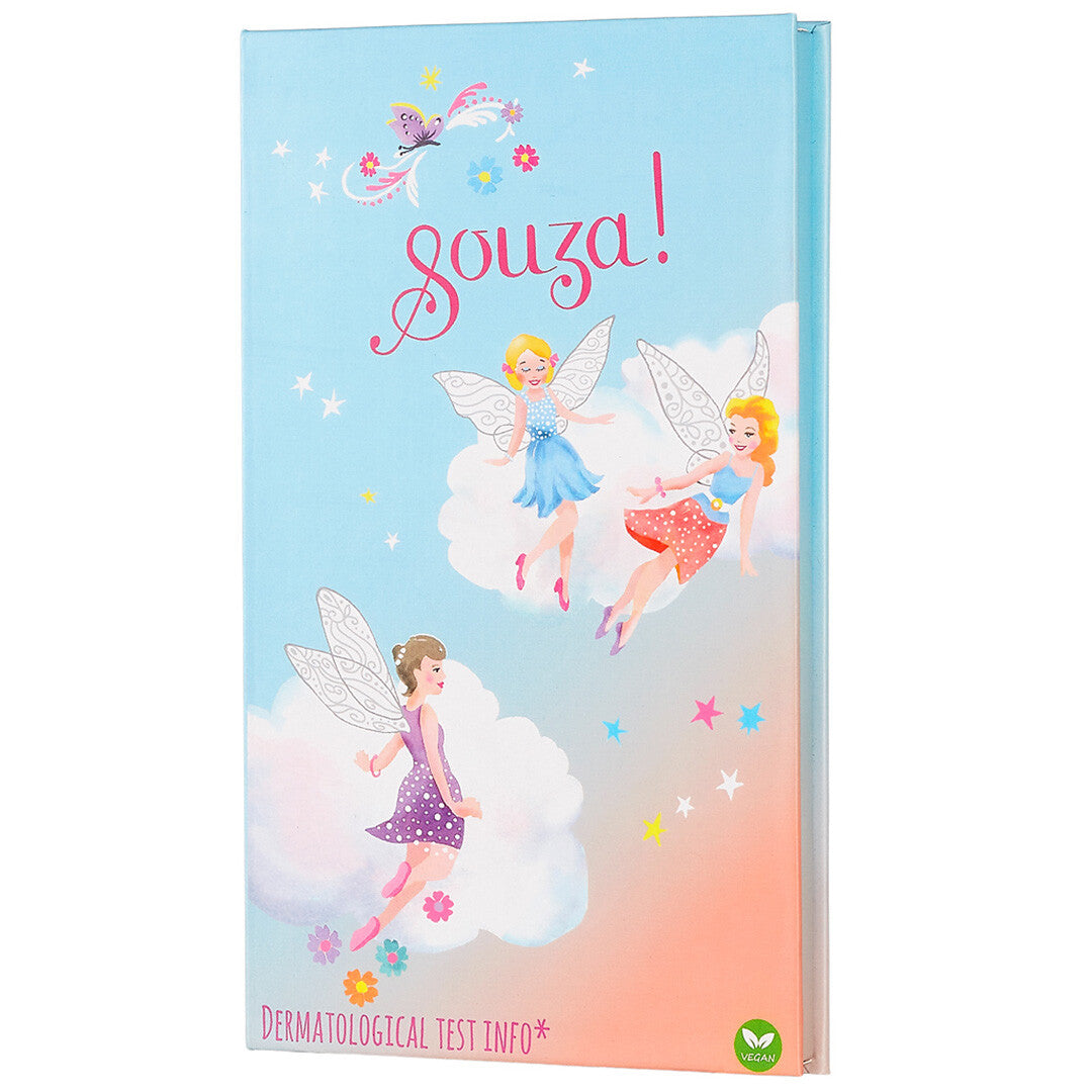 Souza for kids make-up kit voor kinderen, gesloten en vormgegeven als een boek met een illustratie van elfjes.