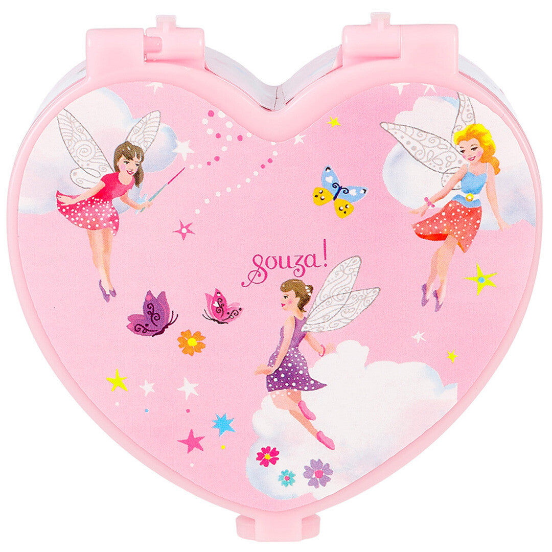 Souza for kids gesloten hartvormig make-up doosje met illustraties van feeën en vlinders.