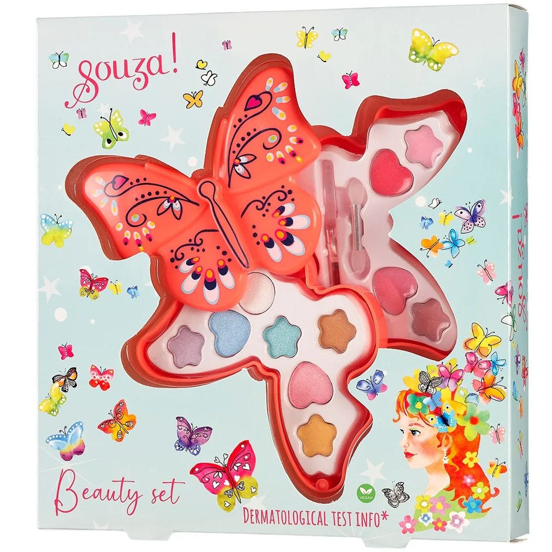 Verpakking van de Souza for Kids kindermake-up kit in de vorm van een vlinder.