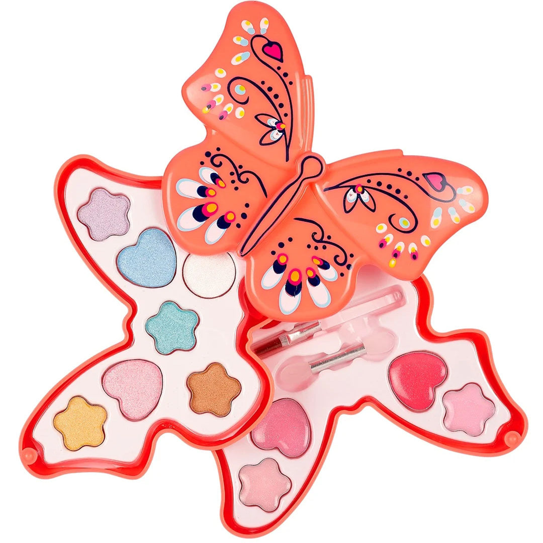 Open vlindervormige kindermake-up kit met diverse kleuren oogschaduw en lipgloss.