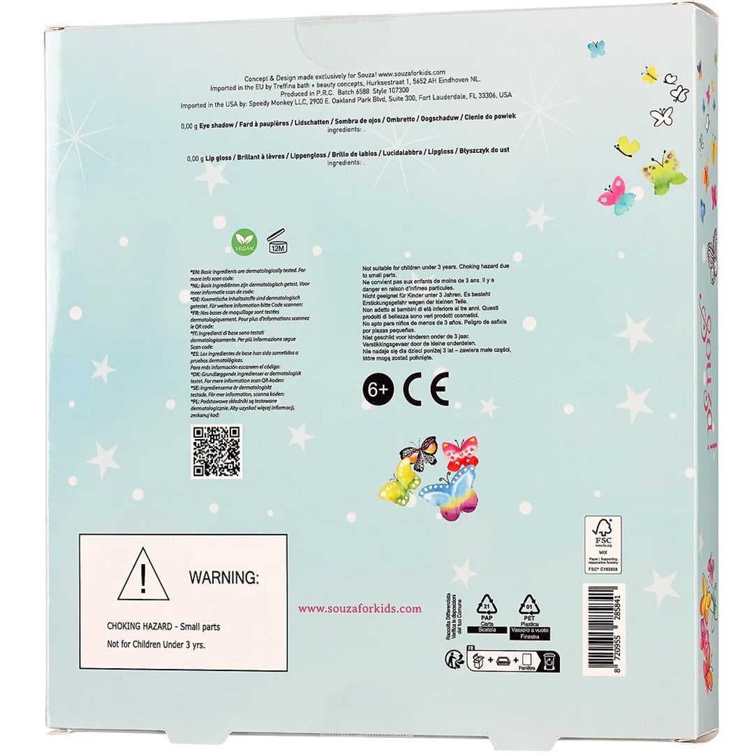 Achterkant van de Souza for Kids kindermake-up kit verpakking met productinformatie en waarschuwingen.
