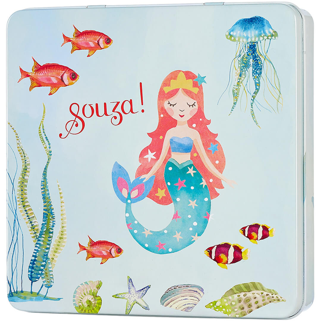 Souza! make-up doosje voor kinderen, gesloten, met een zeemeermin en onderwaterdieren op de voorkant.