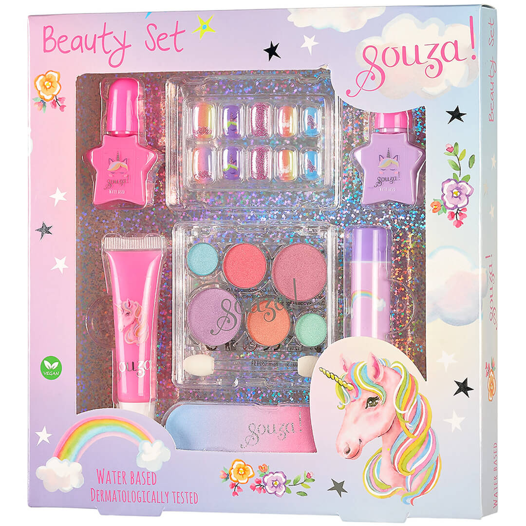 Souza for kids make-up eenhoorn set in de verpakking met eenhoorn en regenboog illustraties.