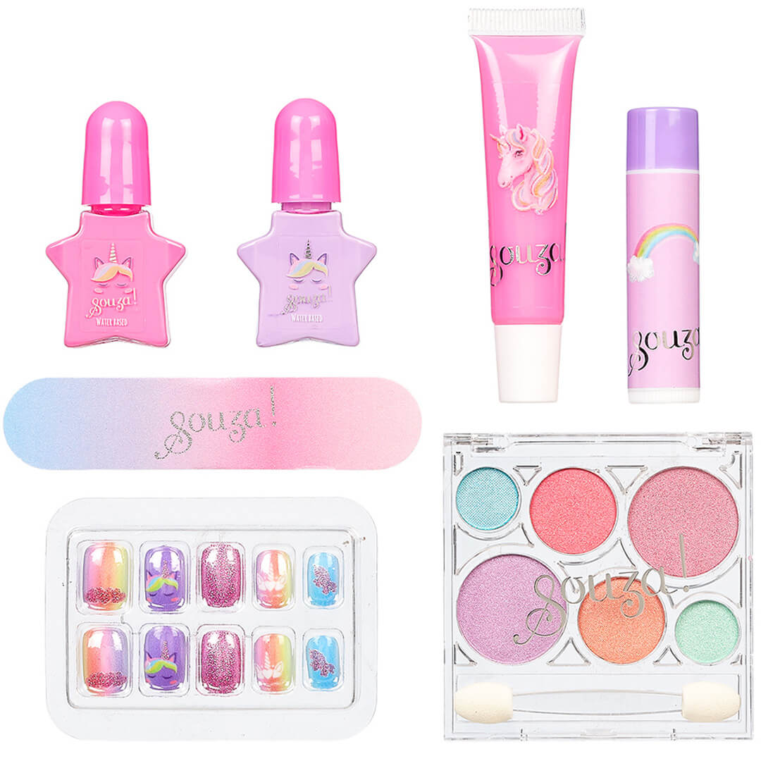 Souza for kids make-up eenhoorn set met nagellak, lipgloss, lipbalsem, nagelvijl, nepnagels en oogschaduw.