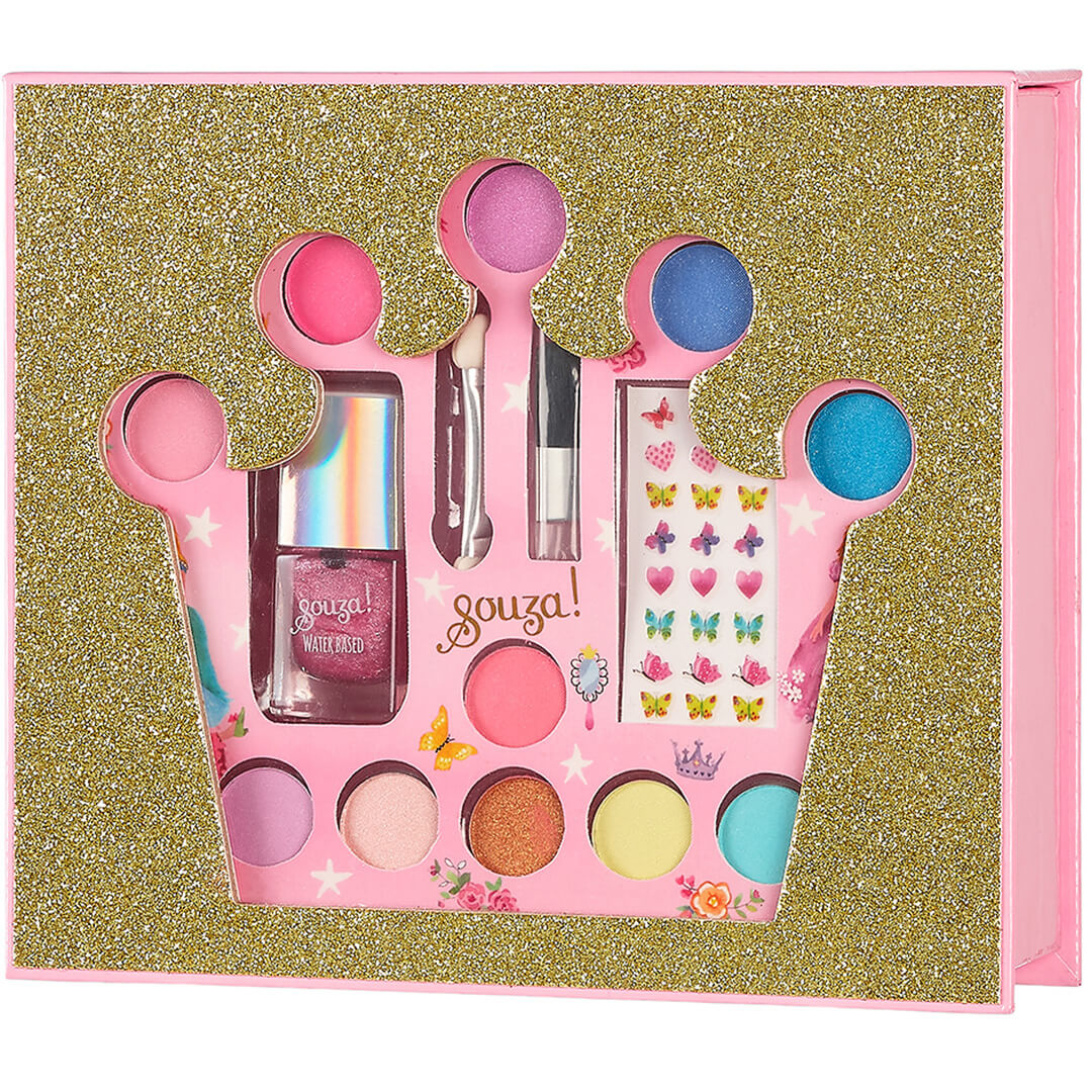Souza for kids make-up geschenkdoos met gouden glitterdeksel en kroonvormige uitsparing die de make-up onthult.