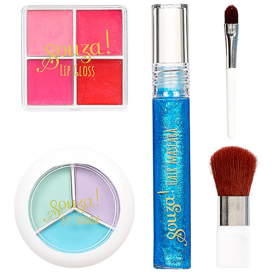 Souza for Kids kinder make-up set met lipgloss, oogschaduw, blauwe haarmascara en kwastjes.