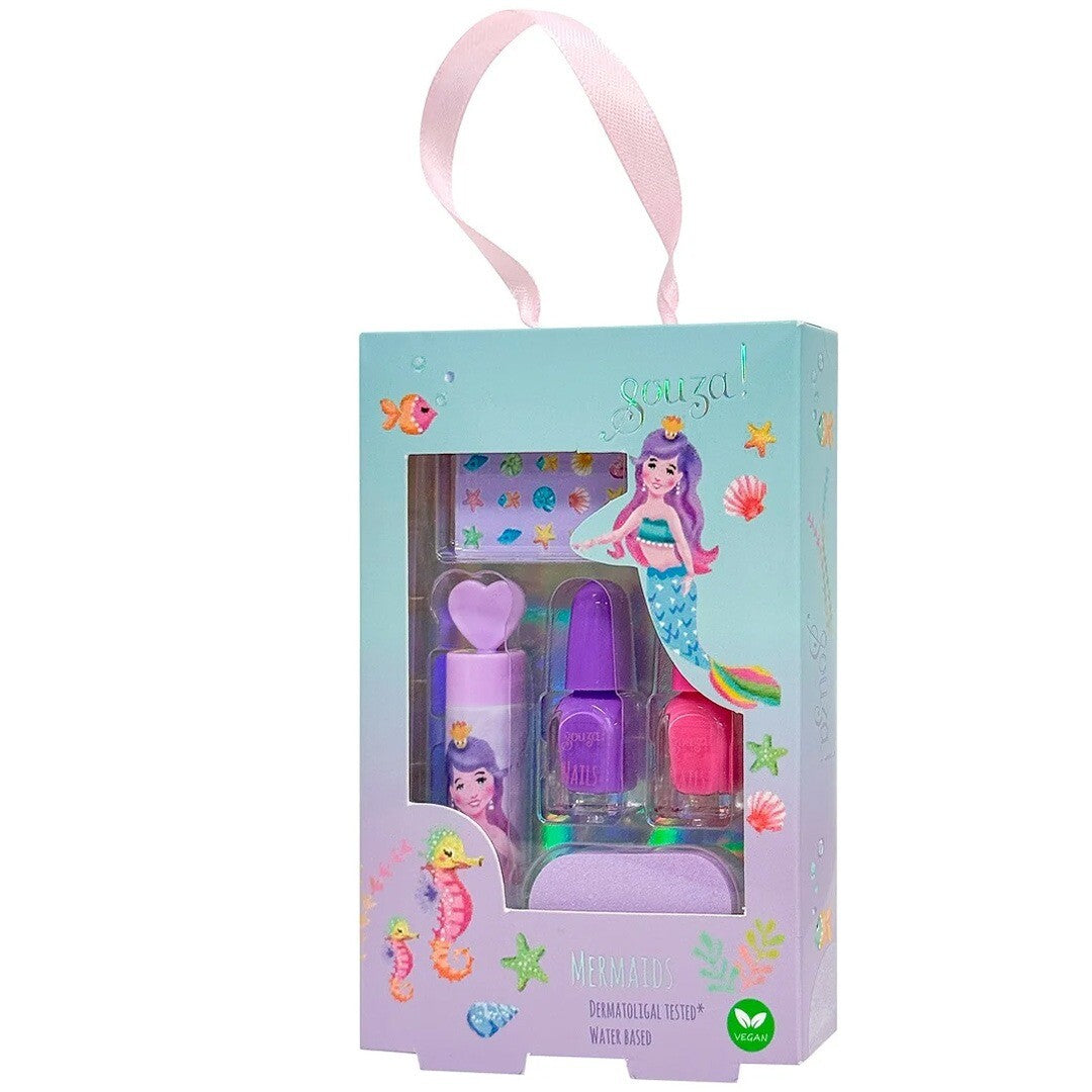 Souza for kids make-up set voor kinderen met zeemeermin thema in een lichtblauwe en paarse geschenkverpakking.
