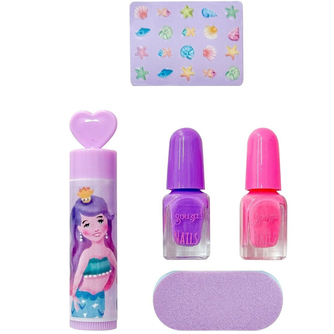 De Souza for kids make-up set voor kinderen met zeemeermin thema, inclusief lipbalsem, twee nagellakjes, een nagelvijl en nagelstickers.