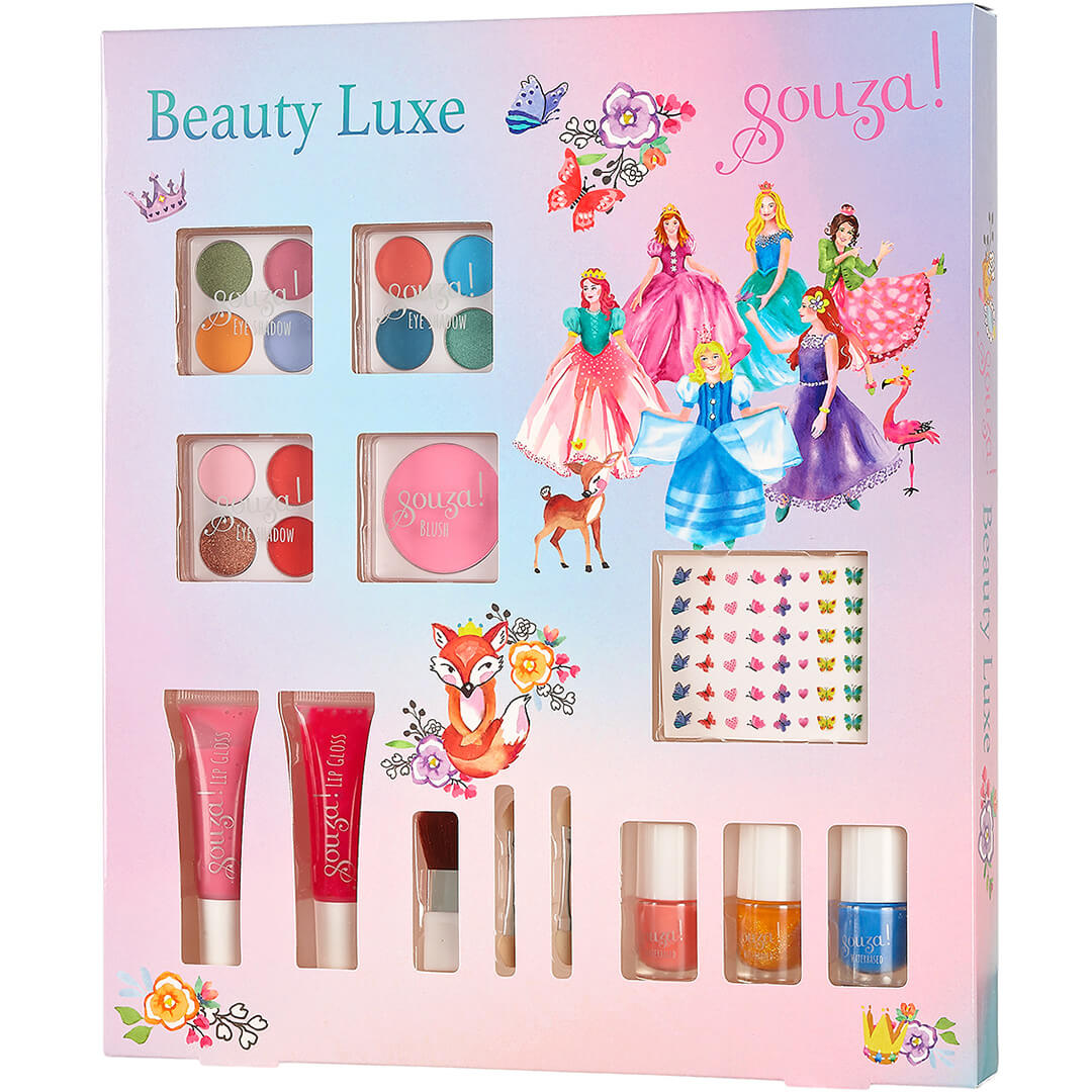Souza for Kids kinder make-up set 'Beauty Luxe' in een kleurrijke verpakking met prinsessen, een vos en diverse make-up items.