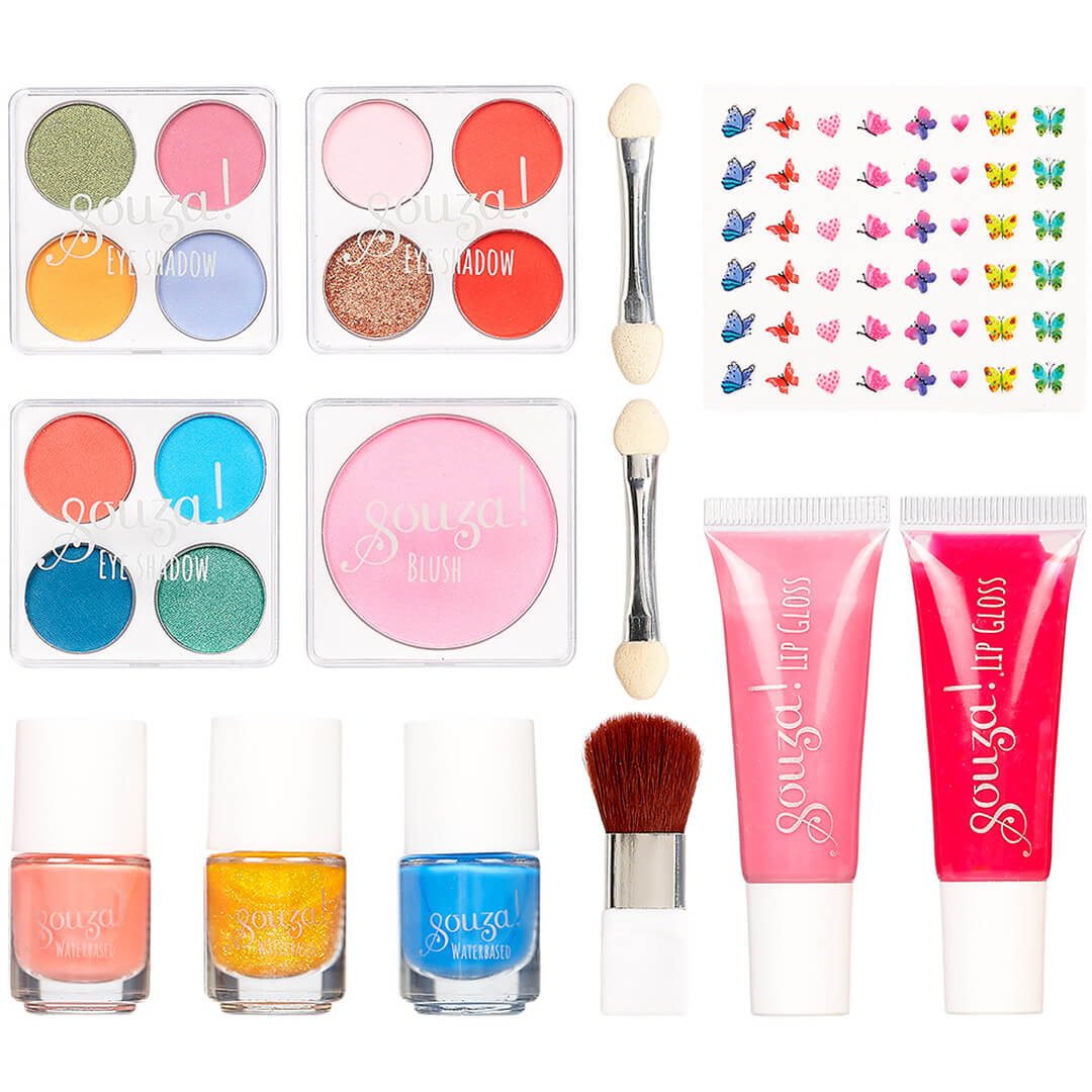 Souza for Kids kinder make-up set met twee oogschaduwpaletten, blush, lipgloss, nagellak, applicators en vlinderstickers.
